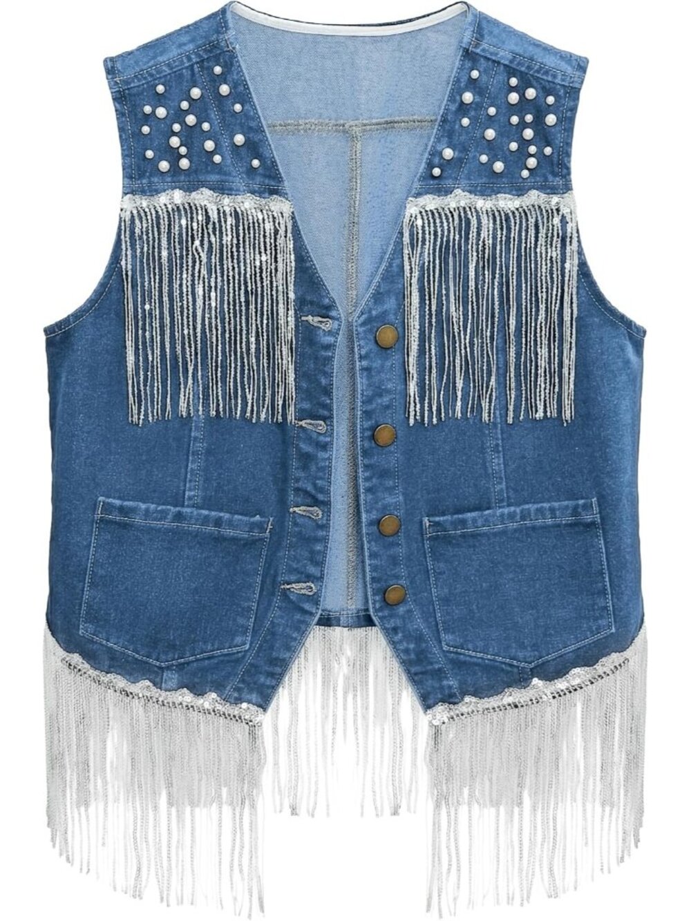 Women's Blue Denim Fringe Tassel Top Western Cowgirl Pearl Cropped Jean Vest